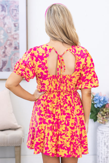 Orange and Fuchsia Blossom Print Woven Dress