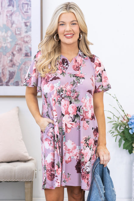 Light Mauve V-Neck Floral Dress