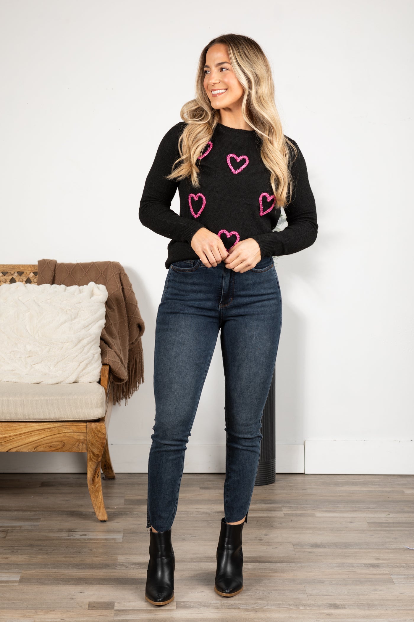 Black Glitter Hearts Super Soft Knit Sweater