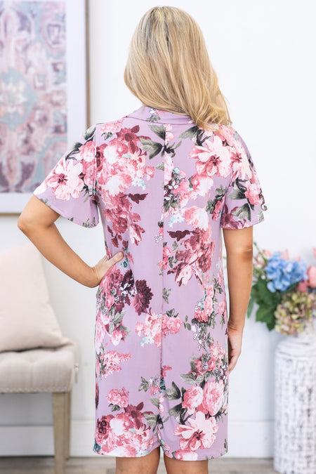 Light Mauve V-Neck Floral Dress