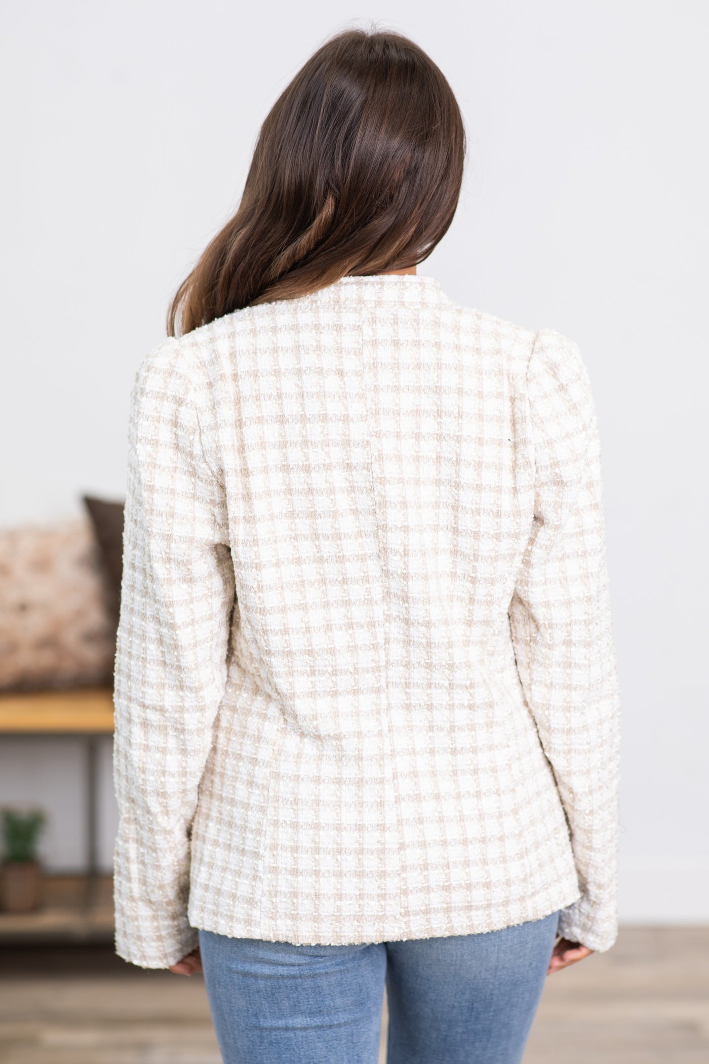 White and Tan Plaid Tweed Jacket