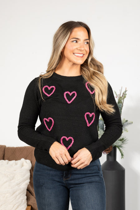 Black Glitter Hearts Super Soft Knit Sweater