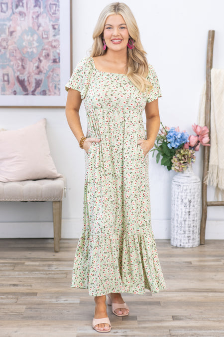 Sage Square Neck Floral Maxi Dress