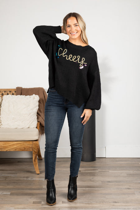 Black Cheers Beaded And Sequined Sweater