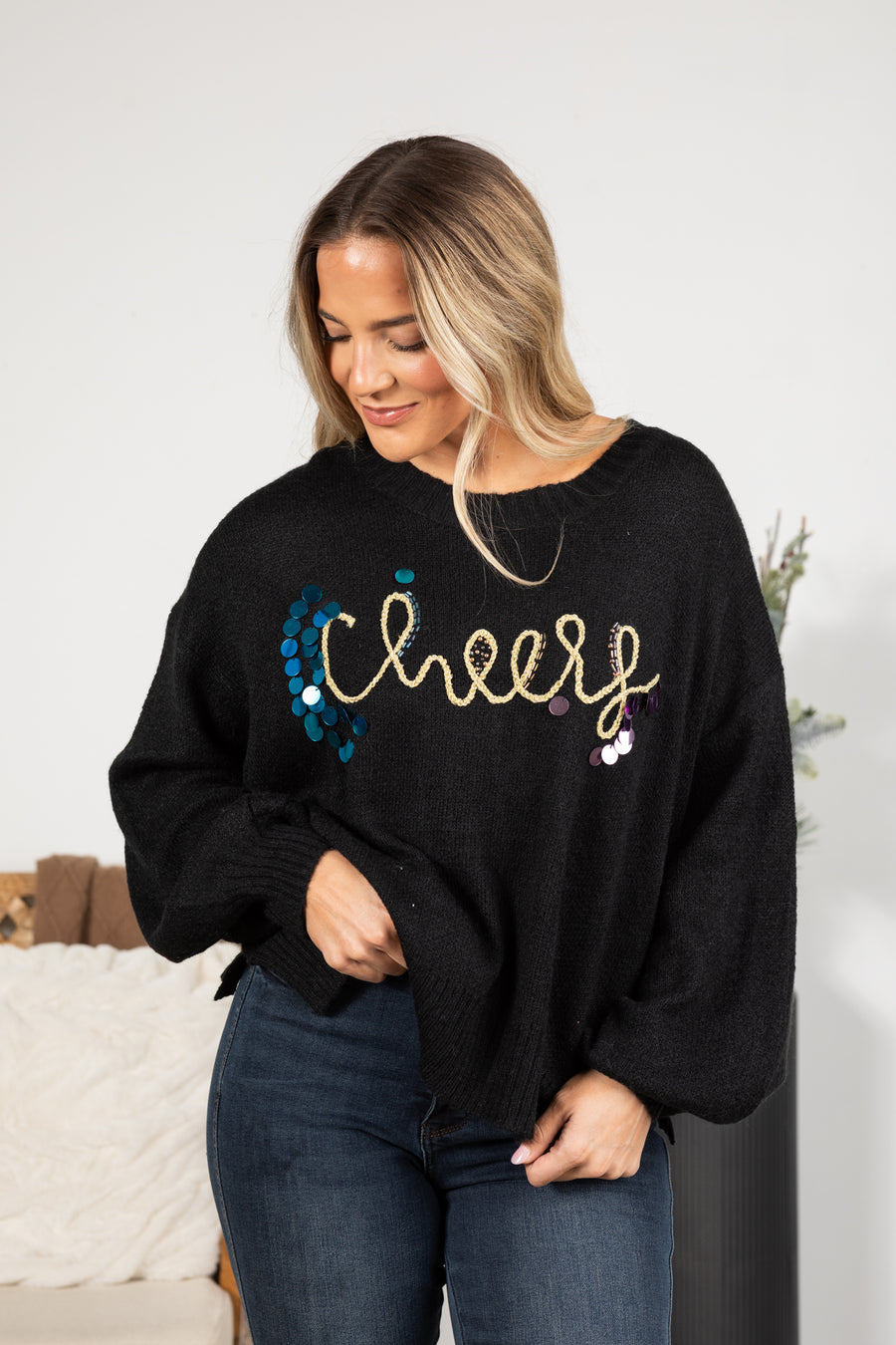 Black Cheers Beaded And Sequined Sweater