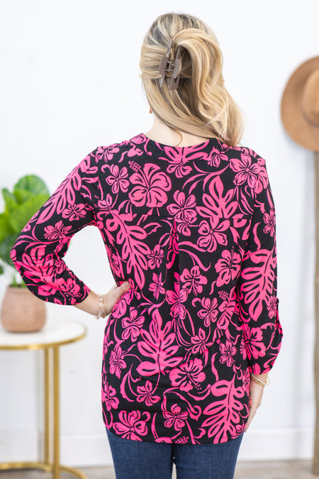 Black With Pink Floral Wrinkle Free Lizzy Top