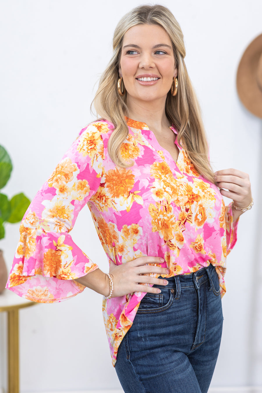 Pink Floral Flutter Sleeve Wrinkle Free Top