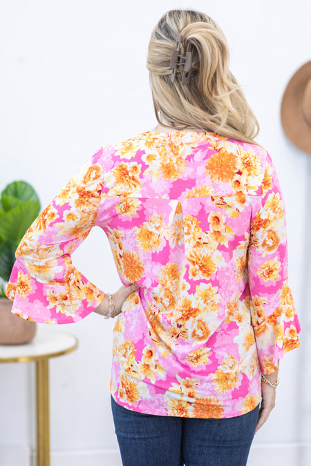 Pink Floral Flutter Sleeve Wrinkle Free Top