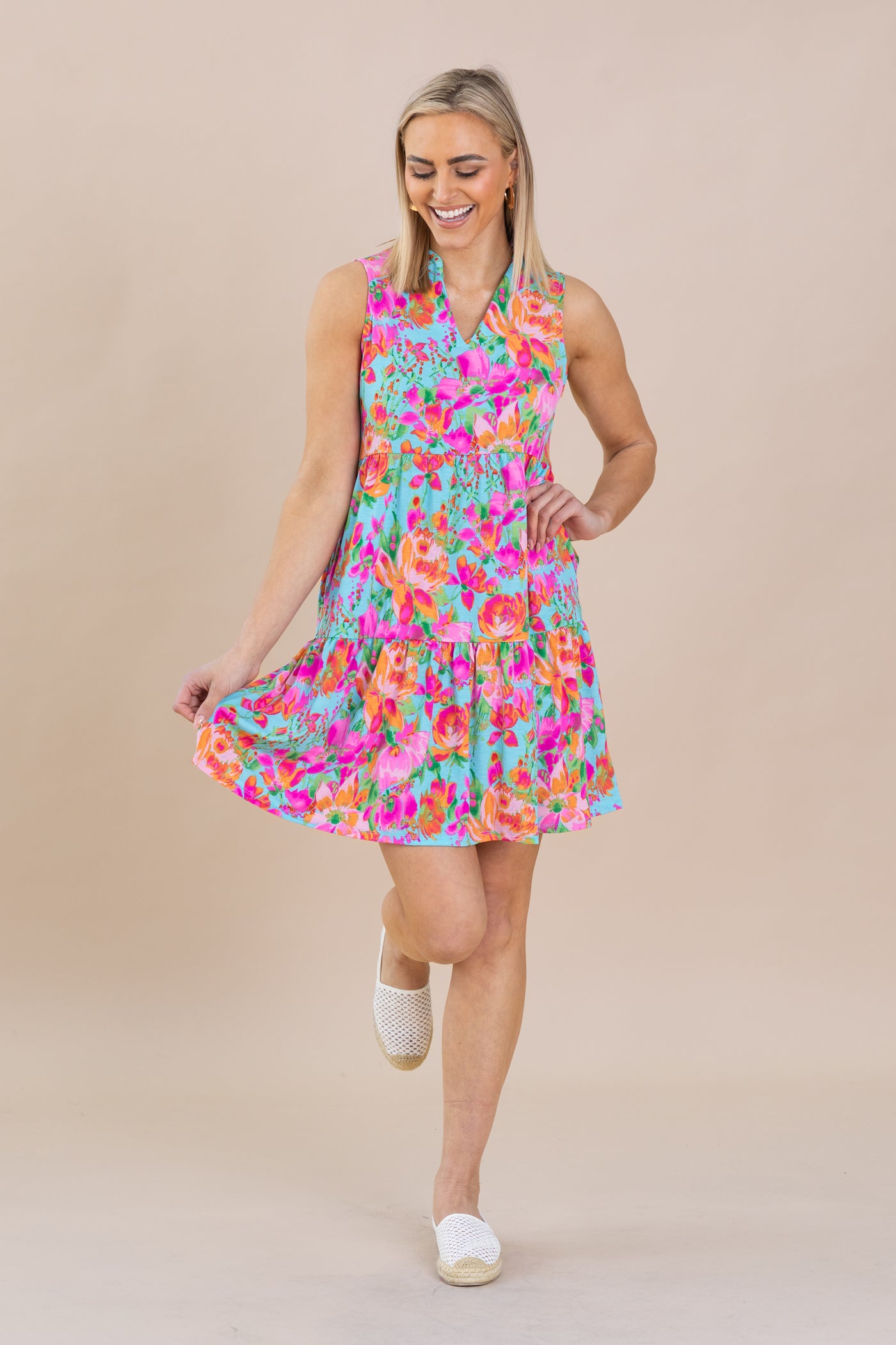 Aqua Floral Tiered Wrinkle Free Dress