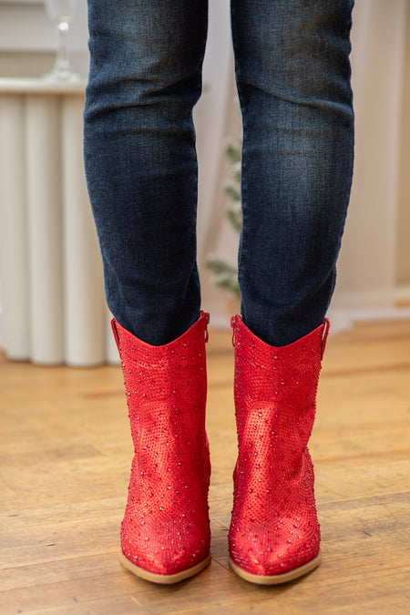 Red Point Toe Booties With Rhinestones