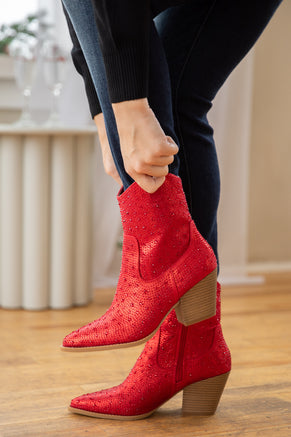 Red Point Toe Booties With Rhinestones