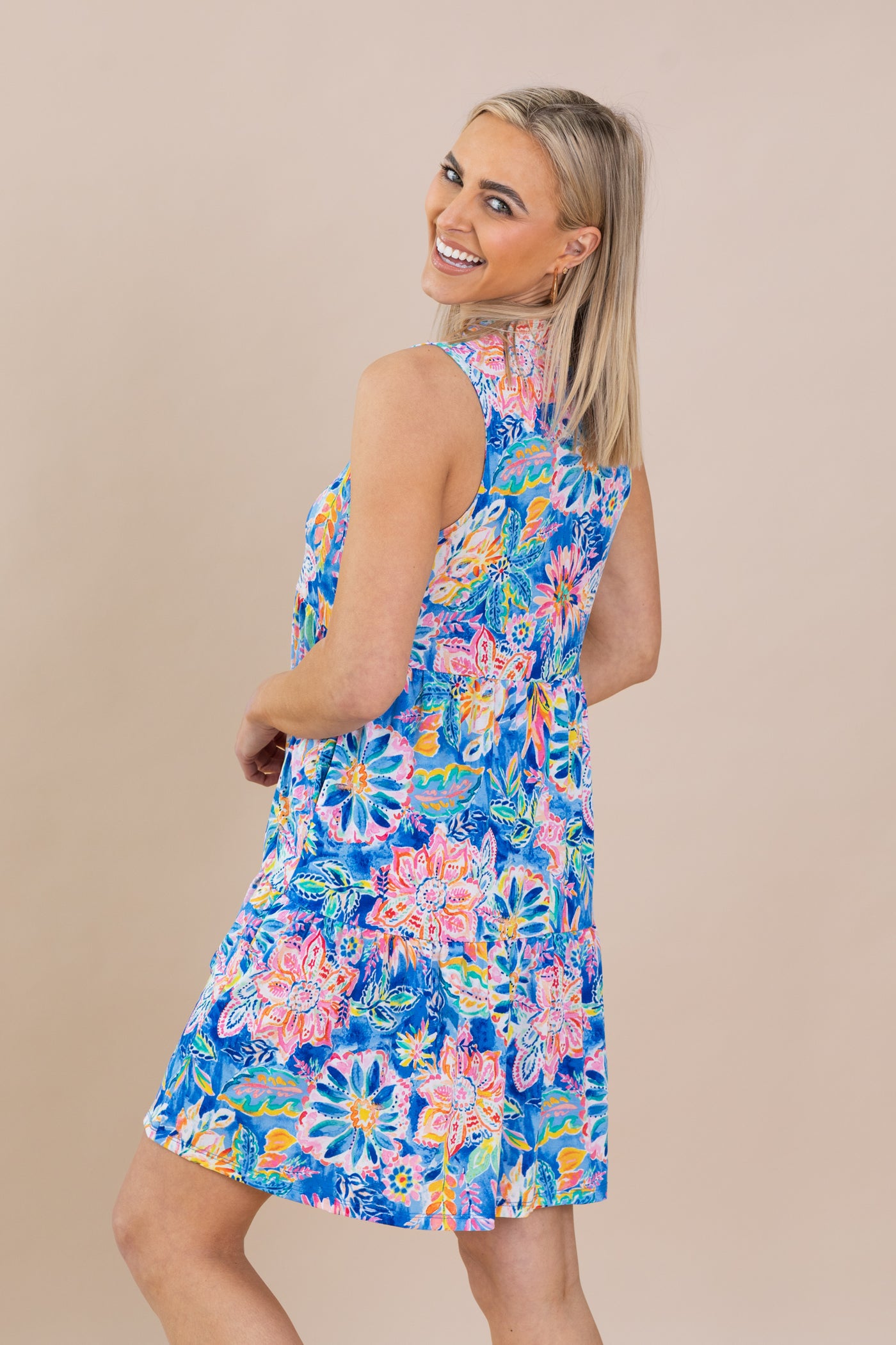 Blue Floral Abstract Tiered Wrinkle Free Dress