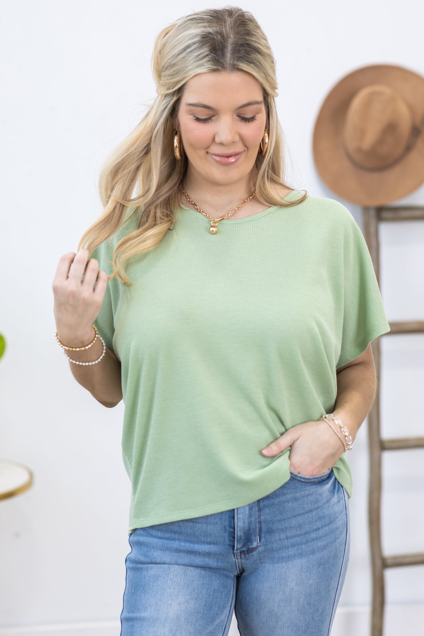 Sage Waffle Texture Scoop Neck Knit Top