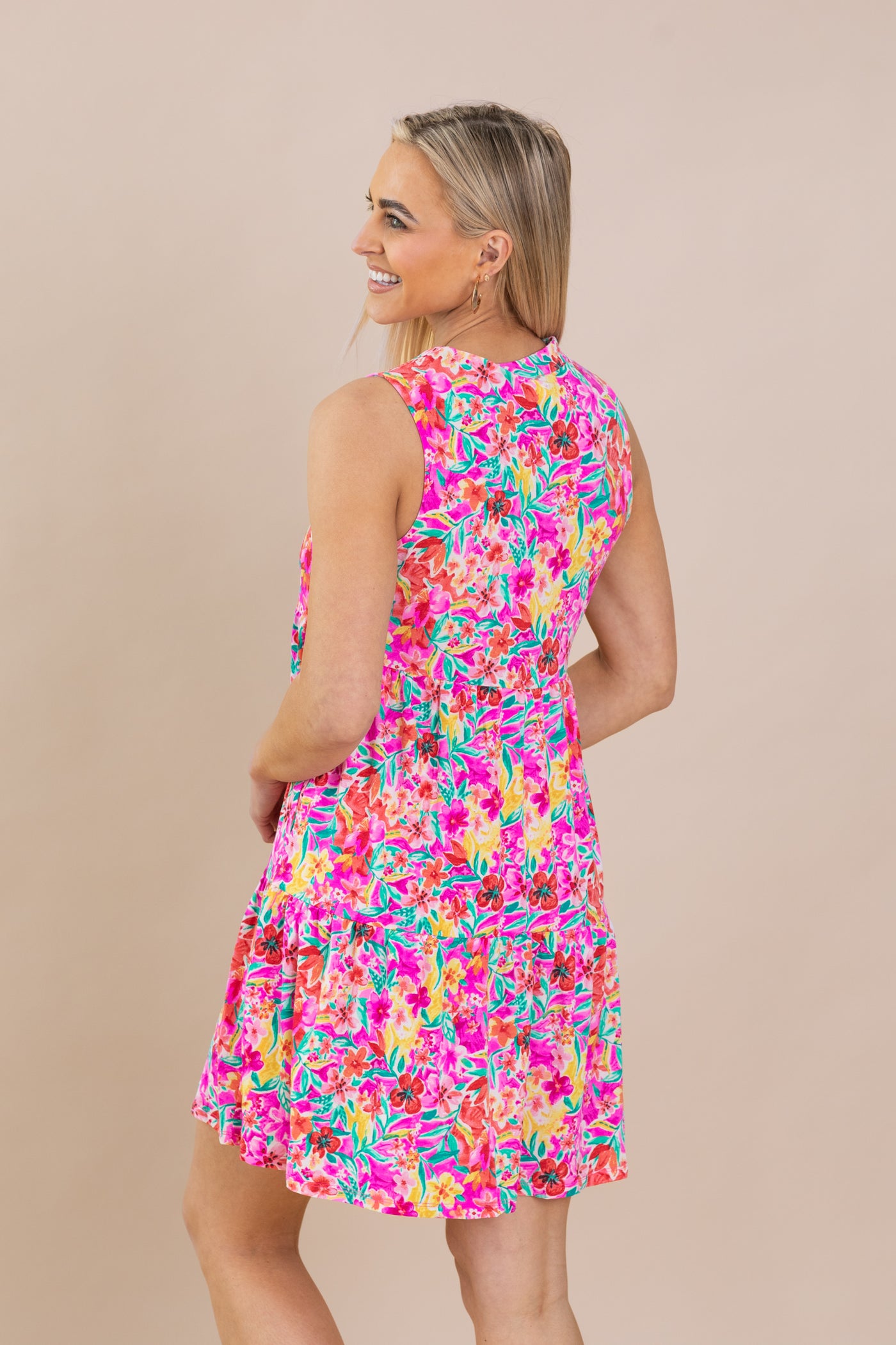 Fuchsia Floral Tiered Wrinkle Free Dress