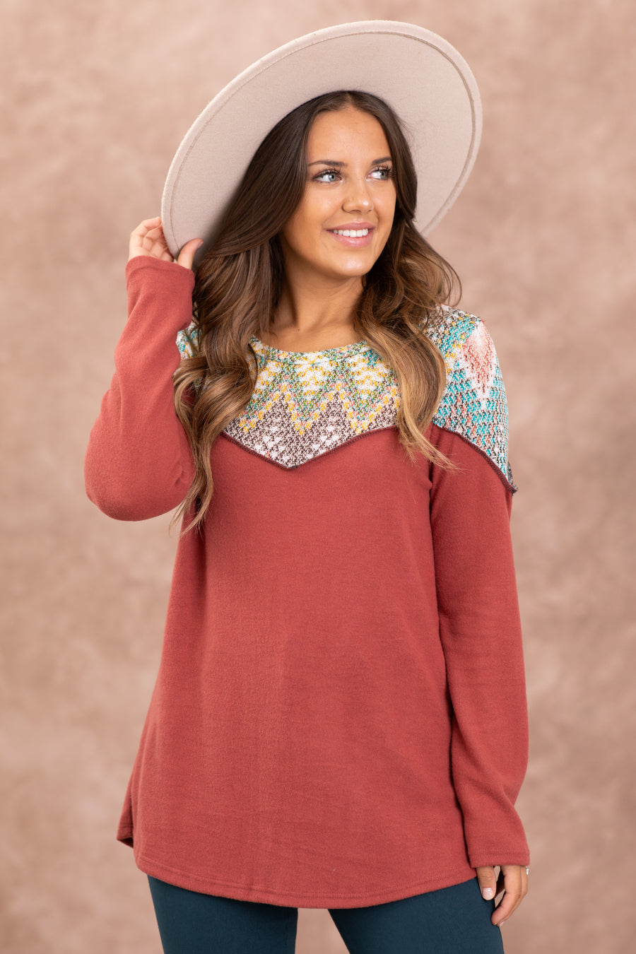 Terra Cotta Multicolor Chevron Detail Top