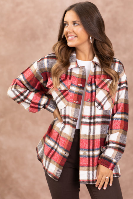 Cranberry and Off White Plaid Shacket