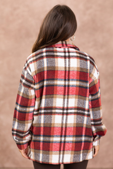 Cranberry and Off White Plaid Shacket