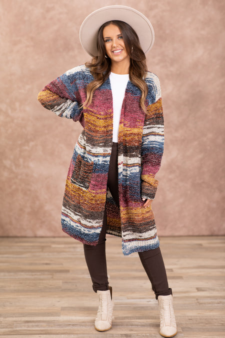 Berry and Dusty Blue Melange Stripe Cardigan