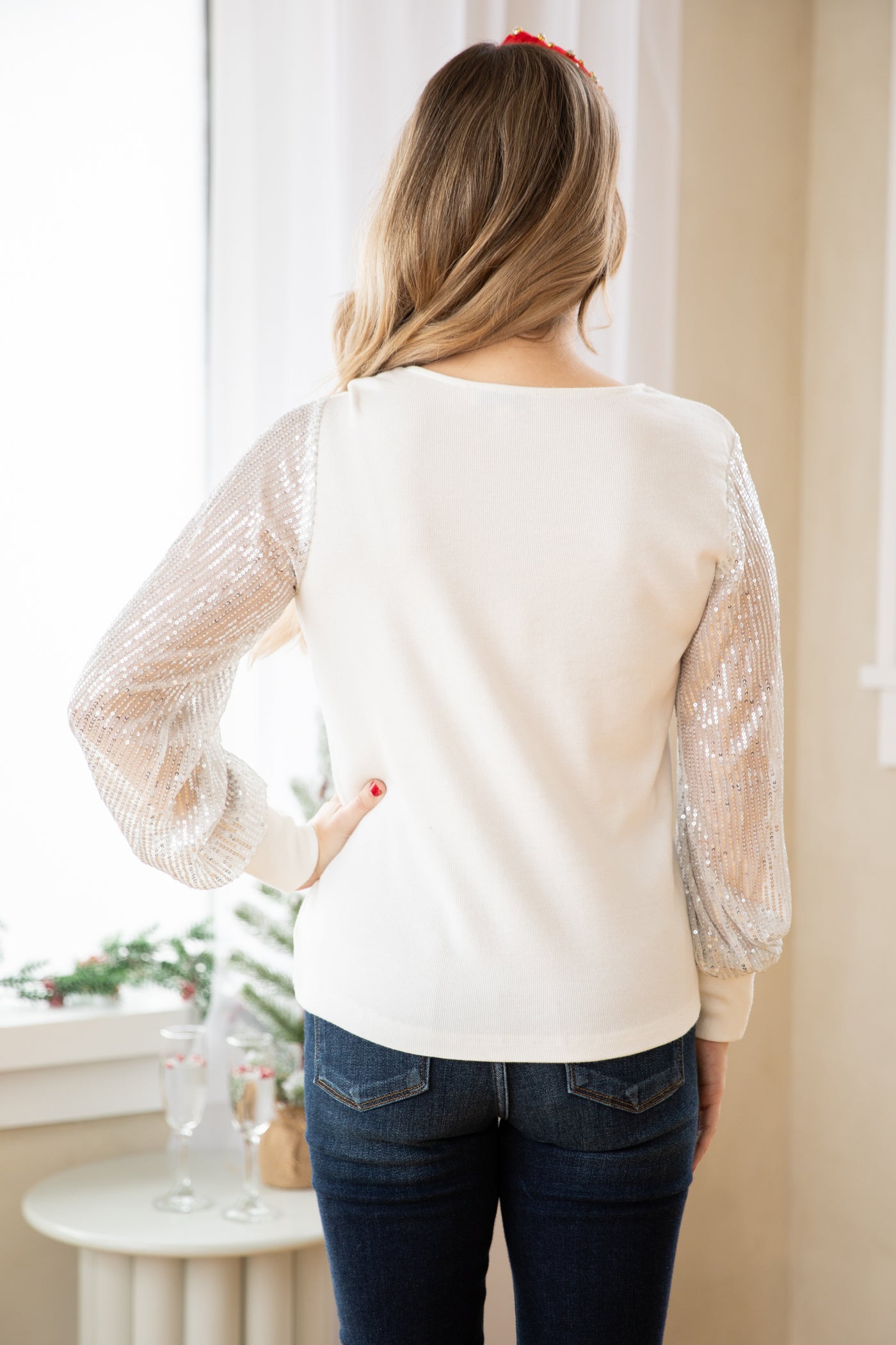 Off White Top With Sequin Sleeves