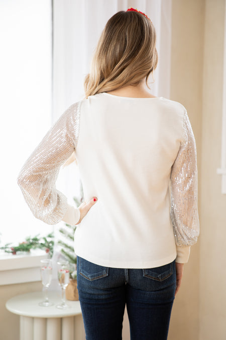 Off White Top With Sequin Sleeves