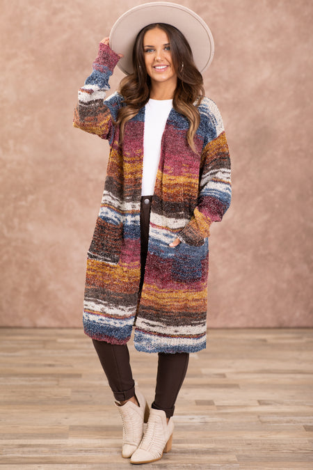 Berry and Dusty Blue Melange Stripe Cardigan