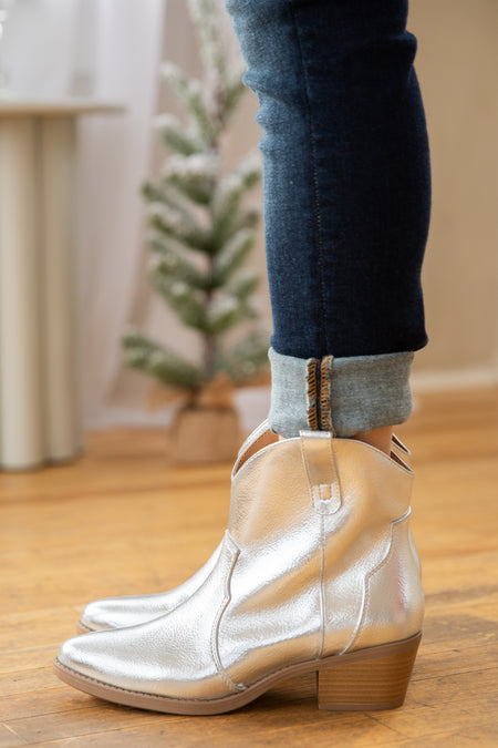 Silver Metallic Point Toe Western Booties