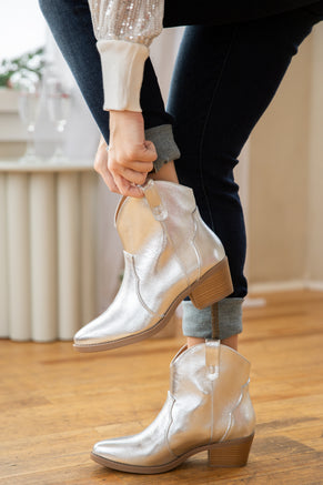 Silver Metallic Point Toe Western Booties