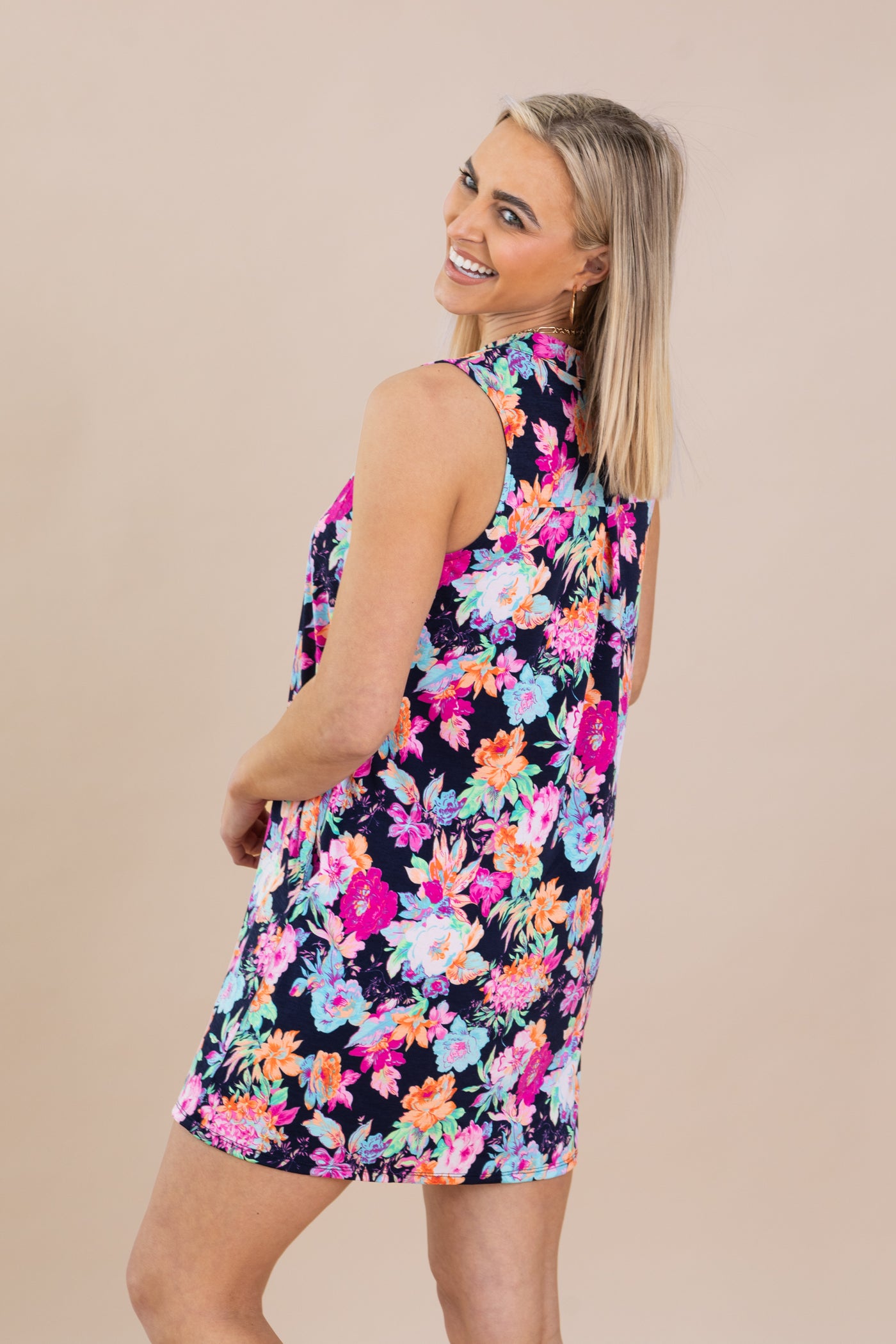 Navy Bright Floral Wrinkle Free Liz Dress