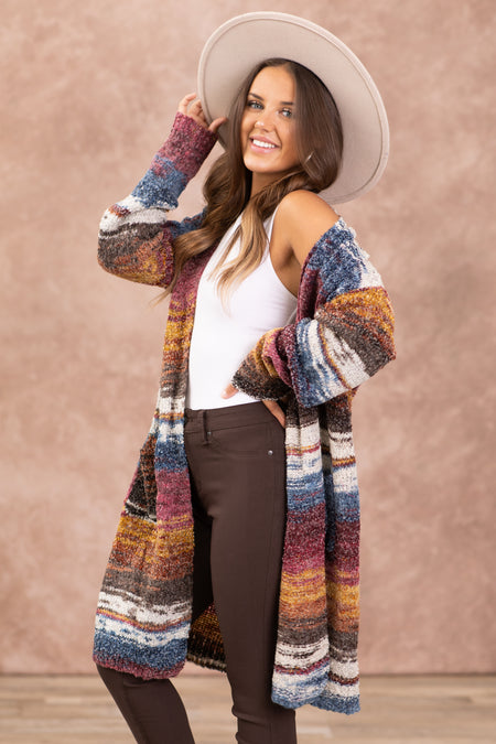 Berry and Dusty Blue Melange Stripe Cardigan