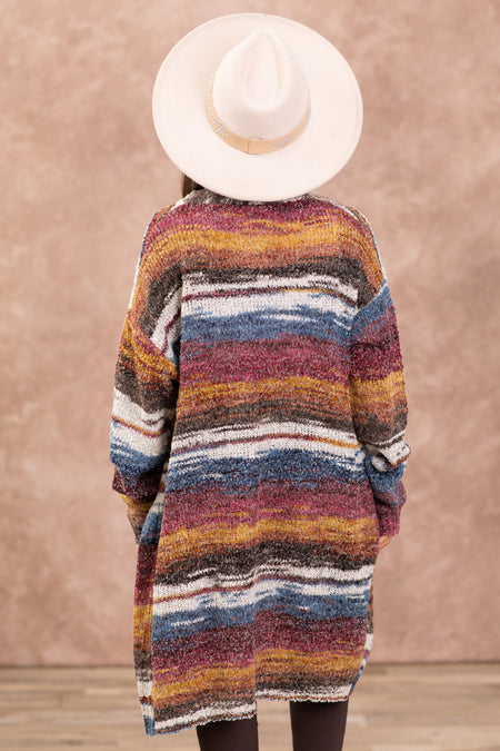 Berry and Dusty Blue Melange Stripe Cardigan