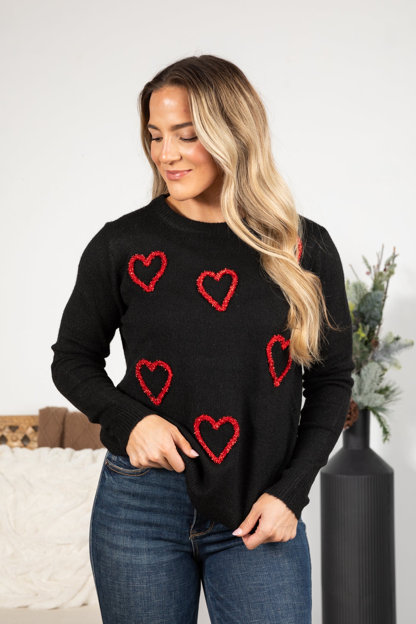 Black Glitter Hearts Super Soft Knit Sweater