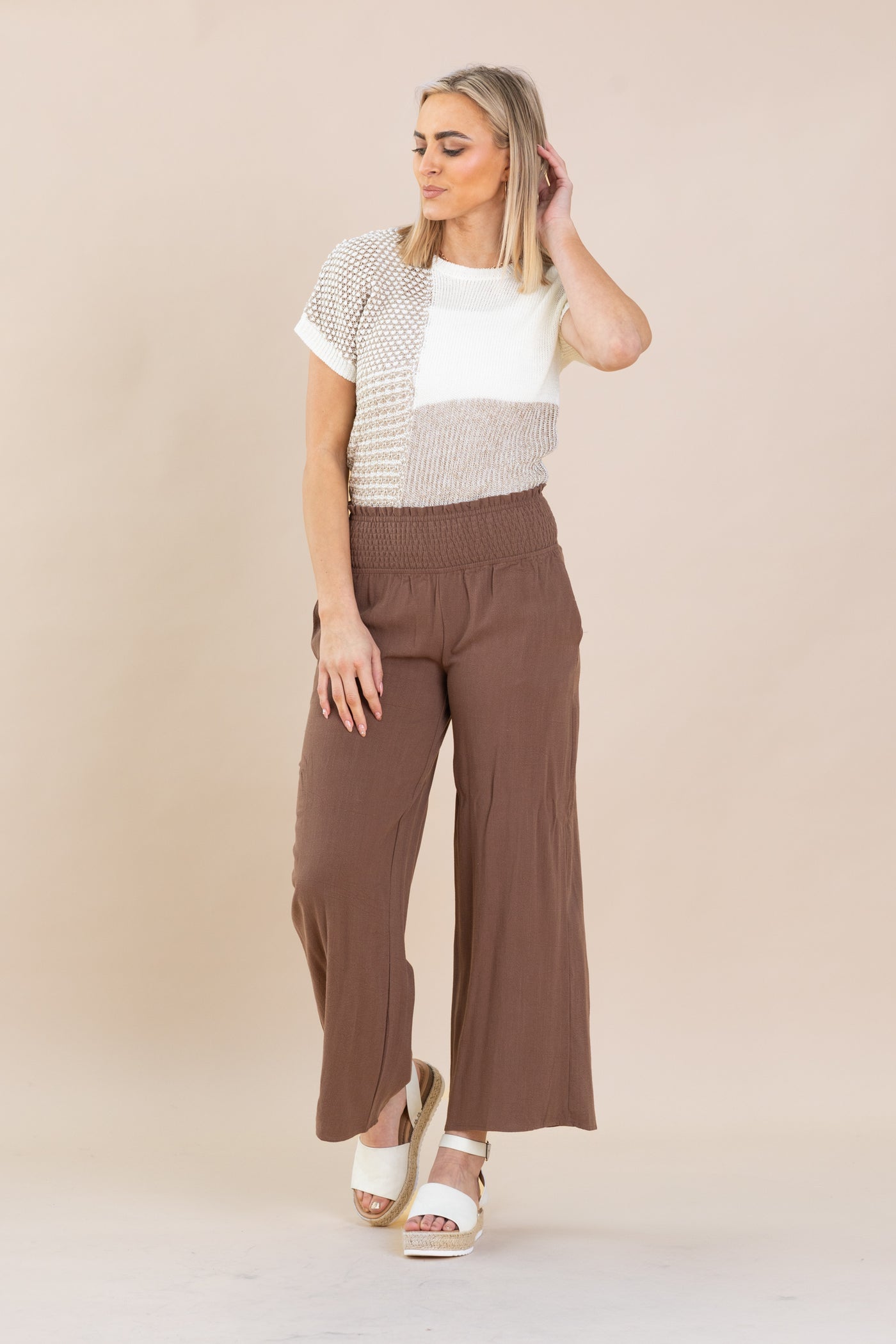 Smocked Waist High Waist Pants With Pockets