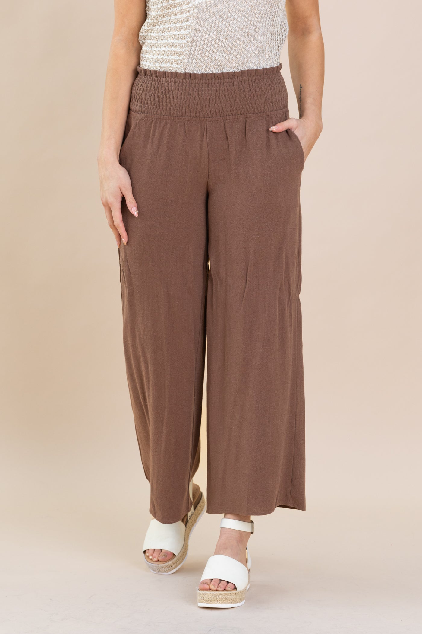 Smocked Waist High Waist Pants With Pockets