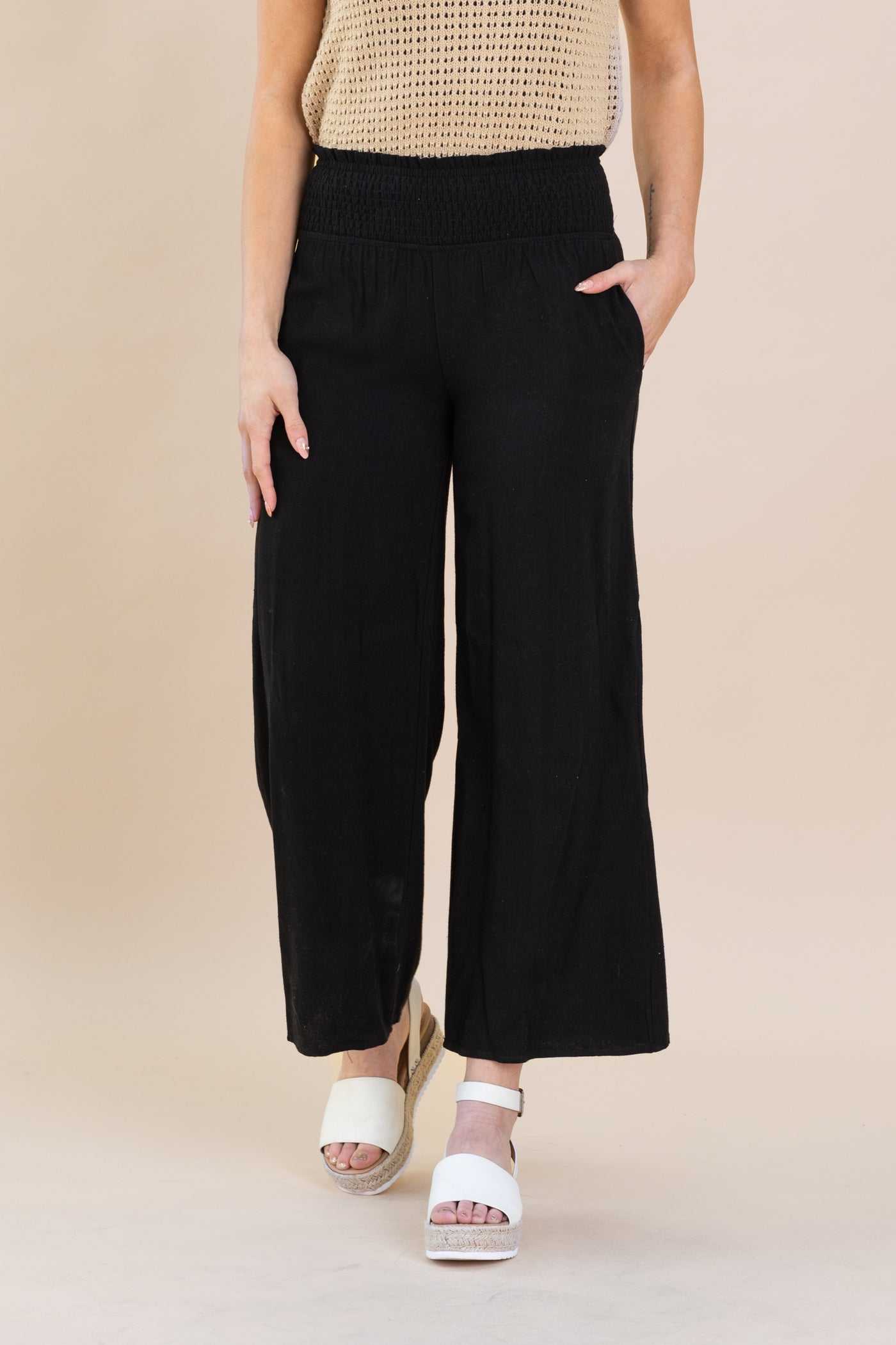 Smocked Waist High Waist Pants With Pockets