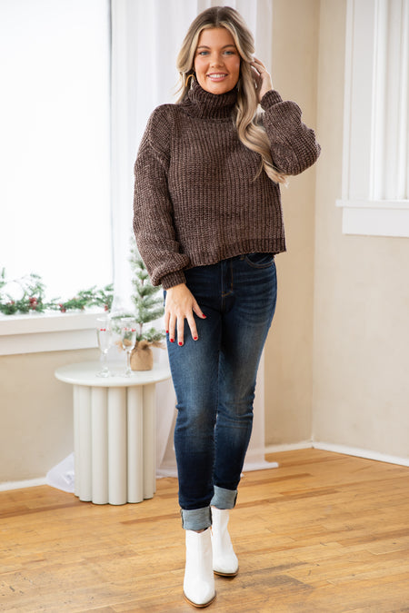 Mocha Chenille Turtleneck Sweater