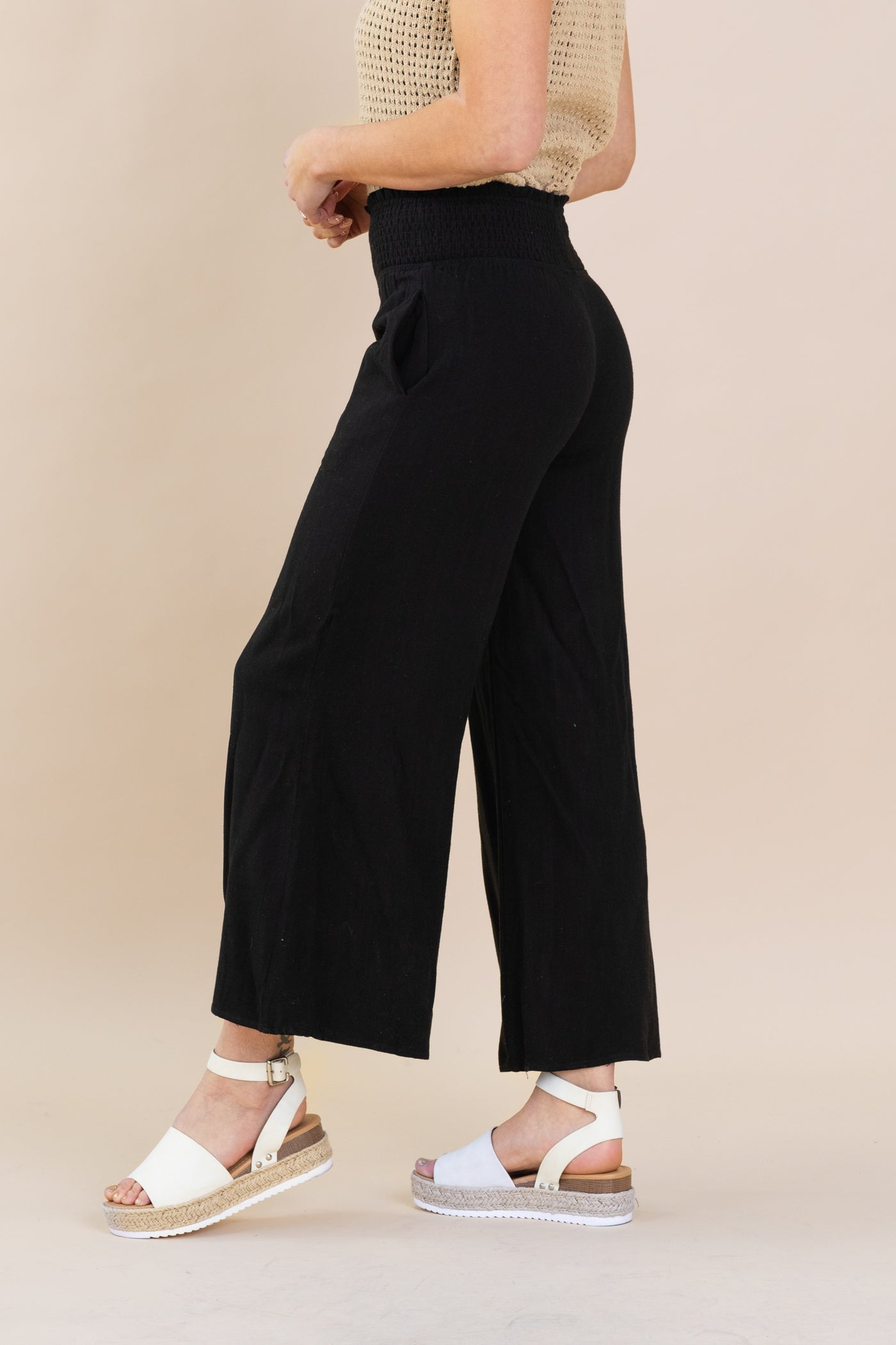 Smocked Waist High Waist Pants With Pockets