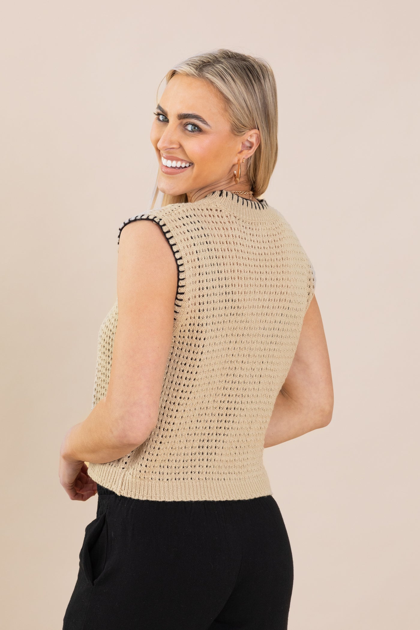 Tan Crochet Knit Stitching Detail Knit Top