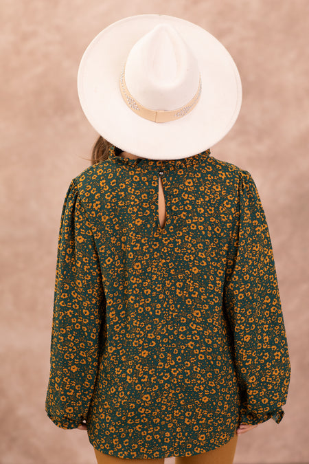 Emerald Green and Copper Floral Print Top