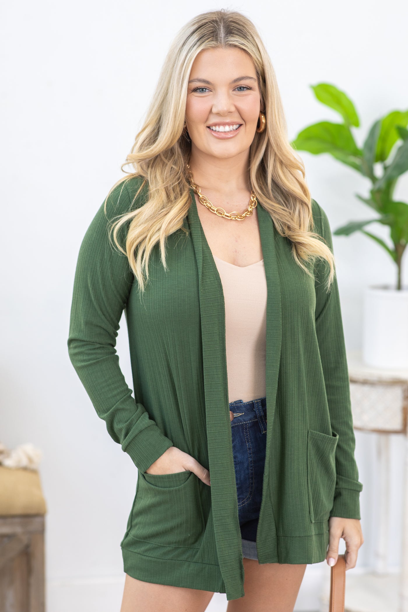 Olive Knit Cardigan With Pockets