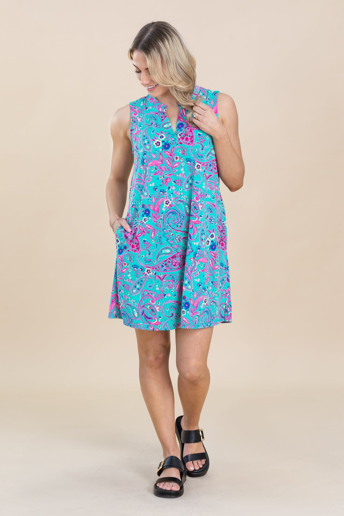 Turquoise And Pink Wrinkle Free Liz Dress