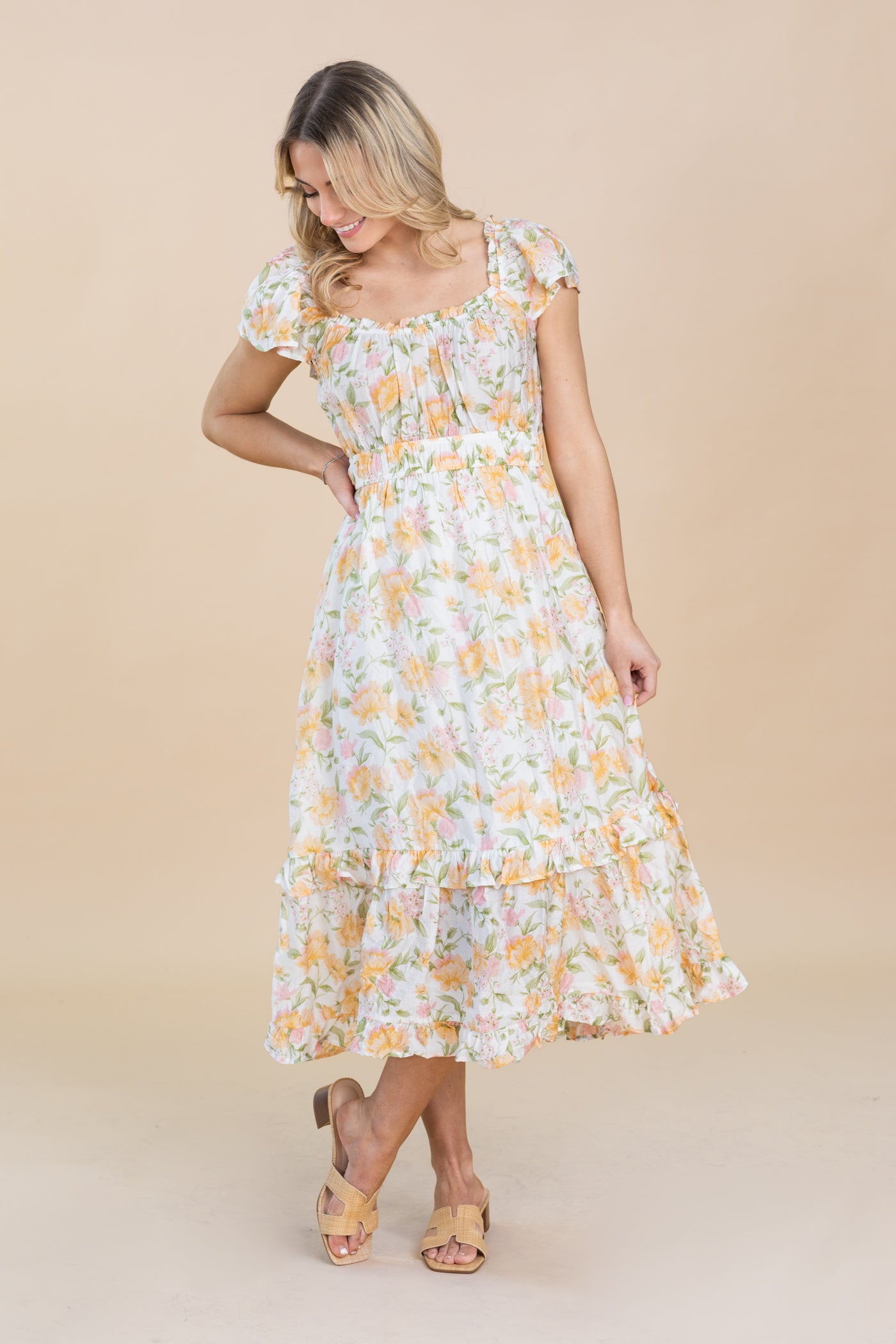 Peach Floral Short Sleeve Ruffle Midi Dress