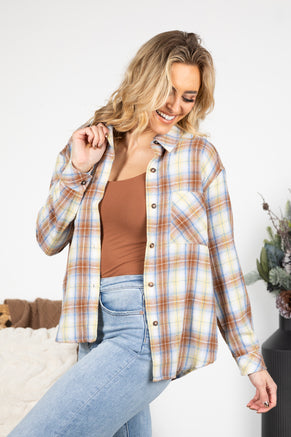 Camel And Blue Plaid Button Up Woven Top