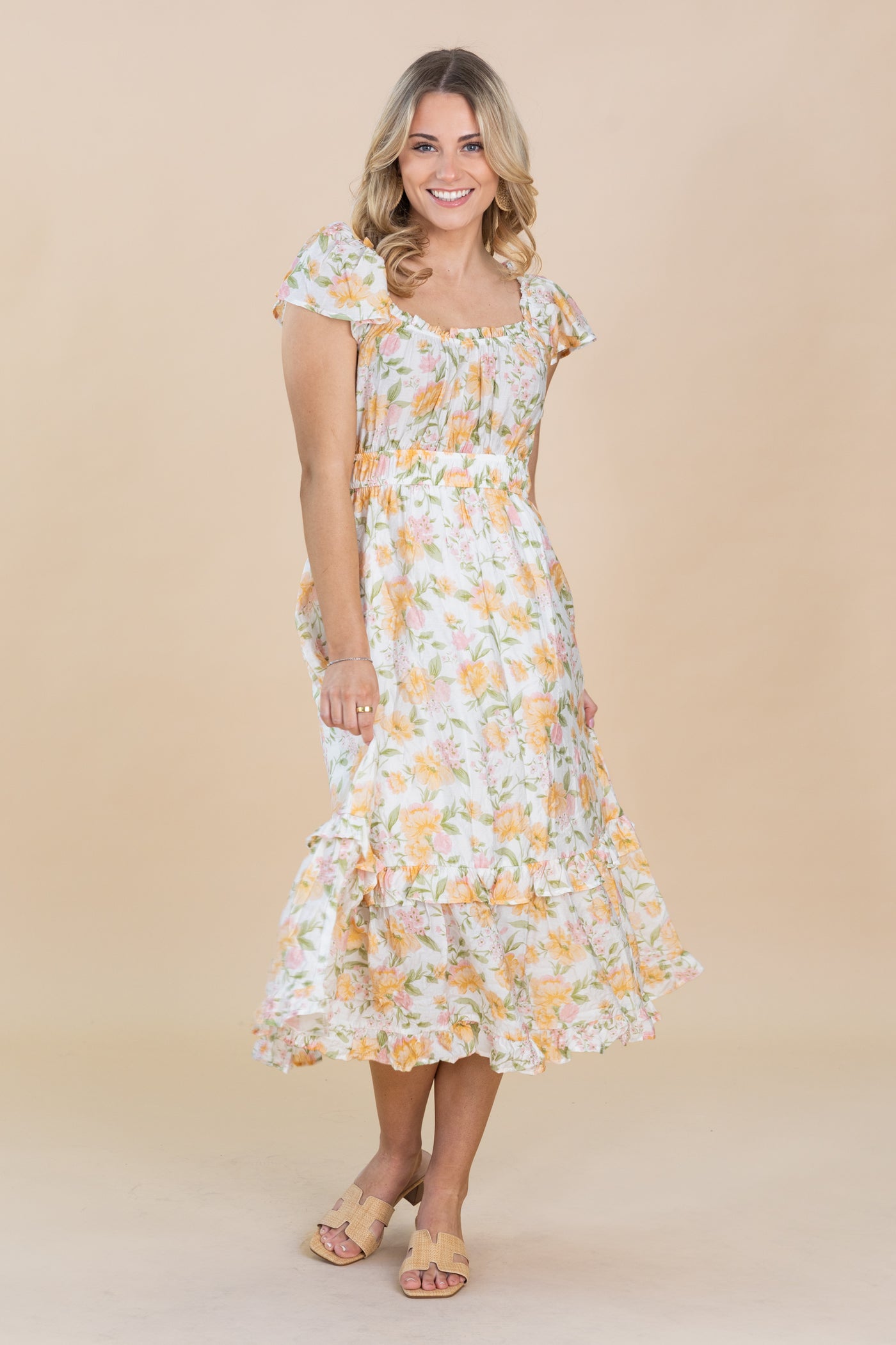 Peach Floral Short Sleeve Ruffle Midi Dress