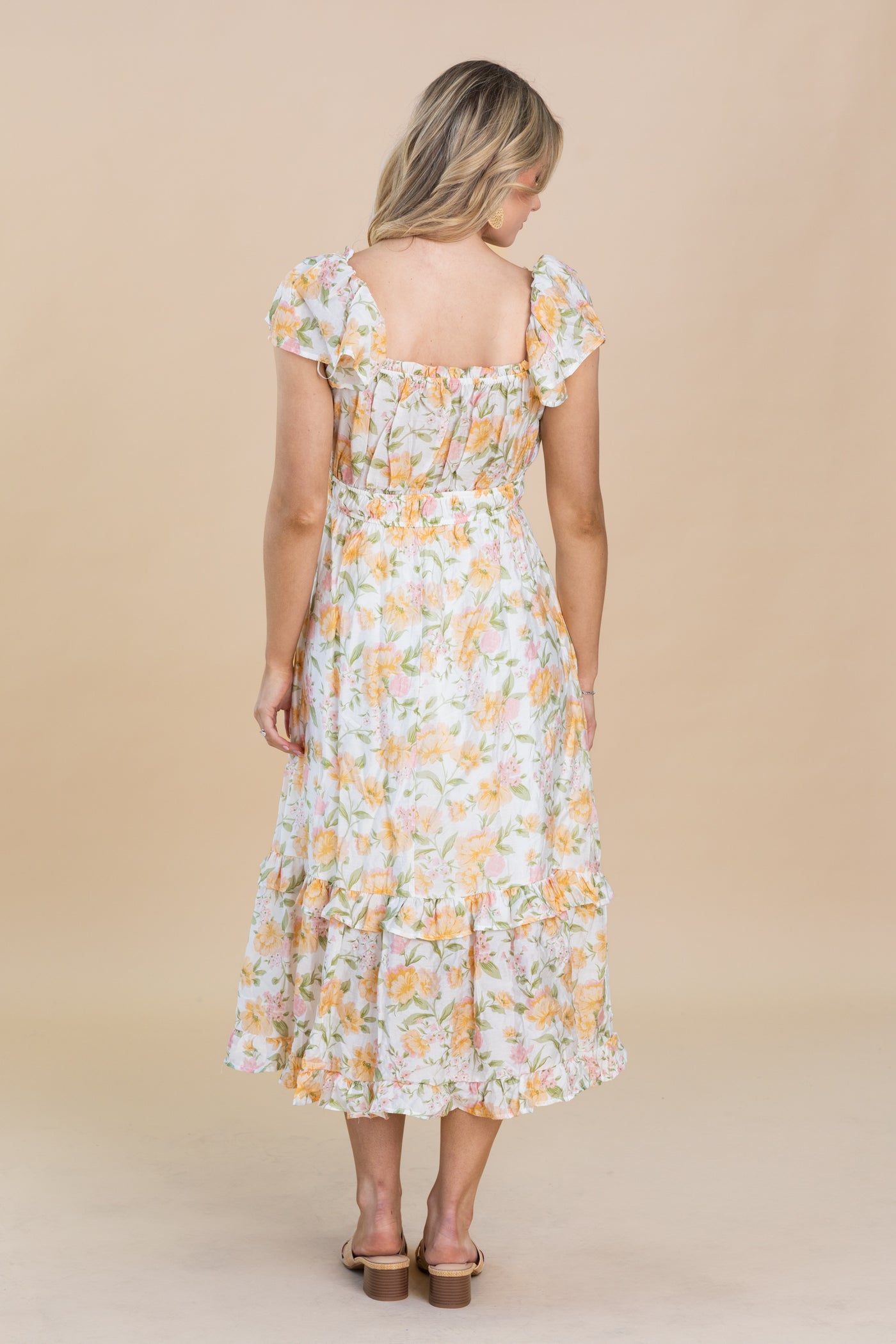 Peach Floral Short Sleeve Ruffle Midi Dress