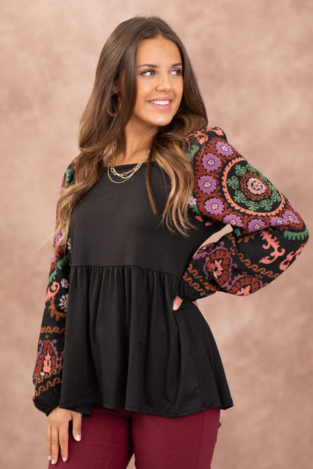 Black Abstract Floral Print Sleeve Top