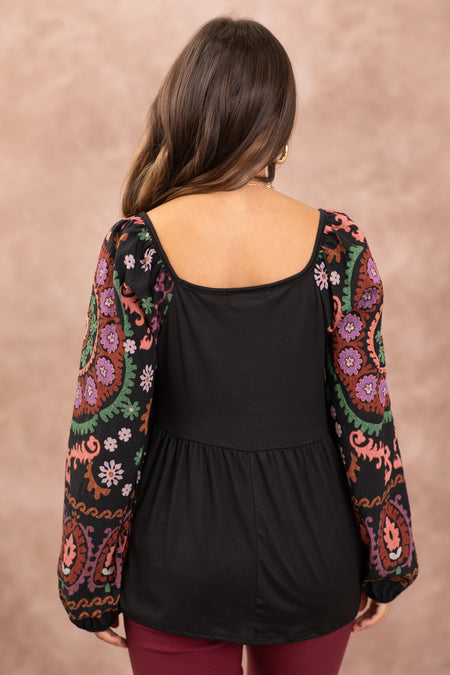 Black Abstract Floral Print Sleeve Top