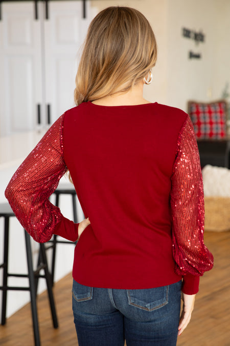 Burgundy Top With Sequin Sleeves