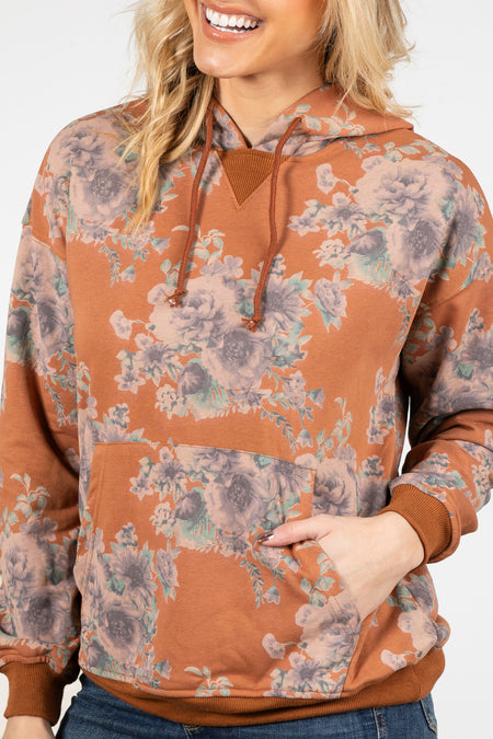 Floral Print Hooded Top With Pocket