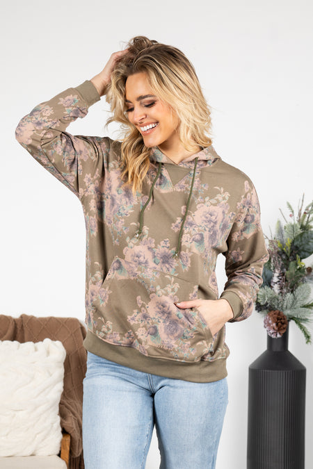 Floral Print Hooded Top With Pocket