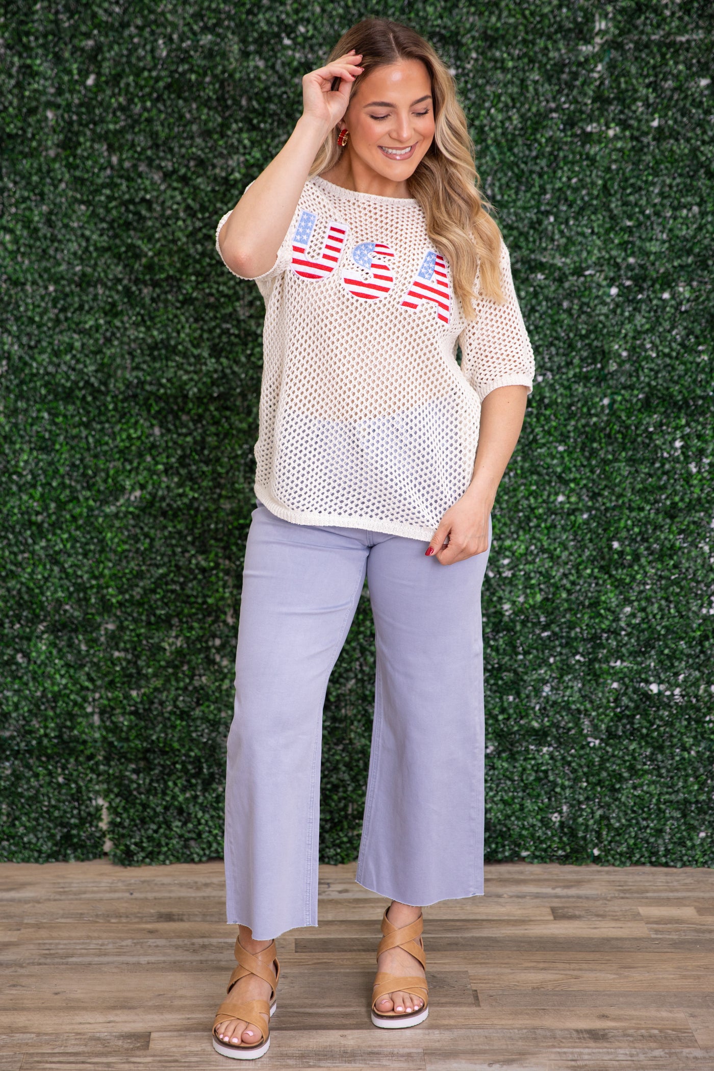 Ivory Pointelle American Flag USA Knit Top